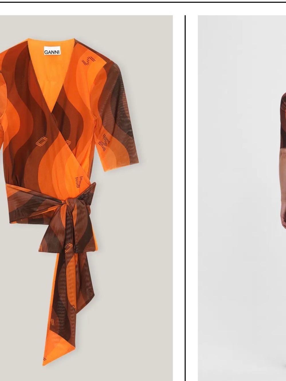 Ganni Orange and Brown Tie-Waist Wrap Top